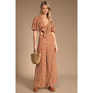 Groovy Days Rust Floral Print Tie-Front Two-Piece Jumpsuit